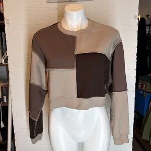 Garage Patchwork Cropped Sweatshirt in Brown and Taupe